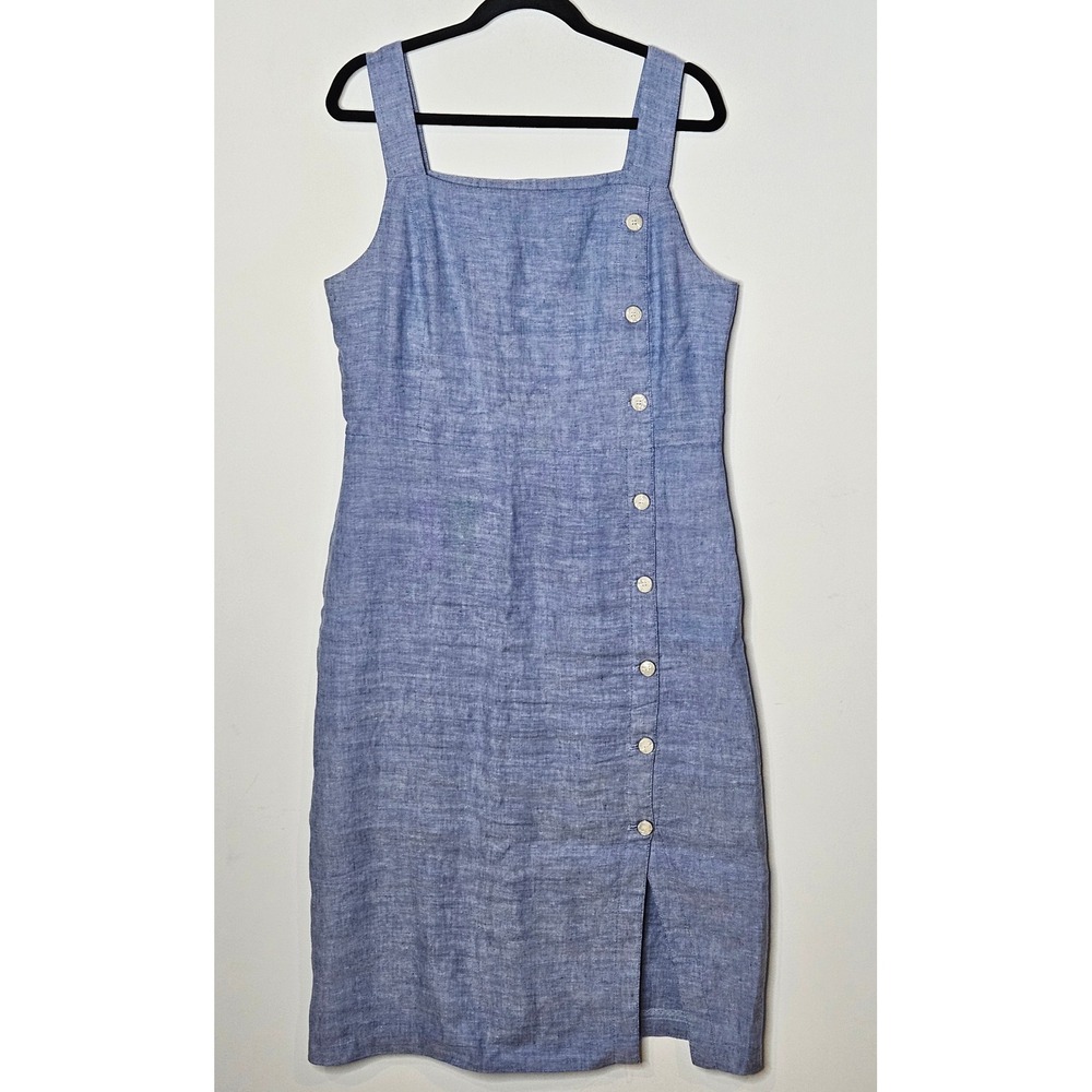 J. McLaughlin Leah Linen Blend Midi Womens 14 Blue Sleeveless Button Front Dress